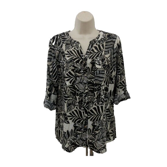 Notations Blouse Size Medium Black Leaf Button Front V-Neck 3/4 Roll Tab Sleeves - Picture 1 of 7